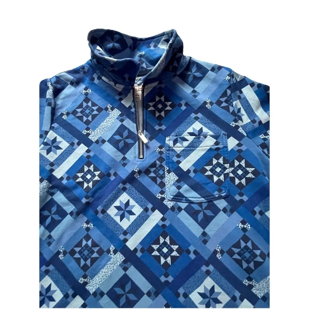 Lands' End Serious Sweats Women's L 14/16 Blue 1/4 Zip Geometric Pullover‎